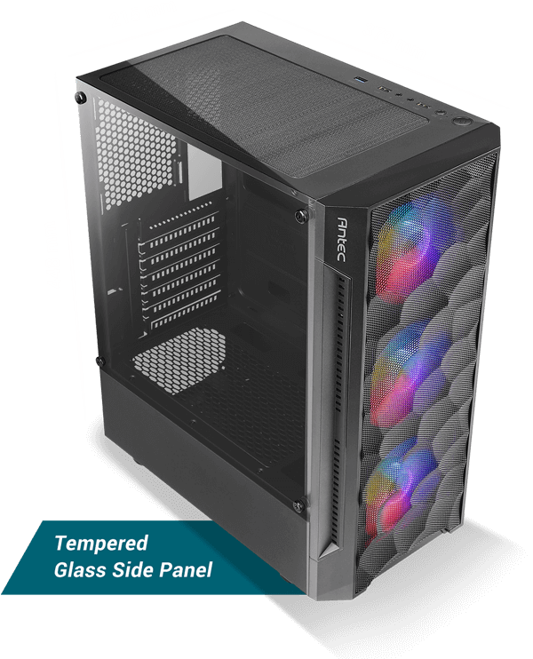 Black Pre-Installed 3 x 120mm ARGB in Front Tempered Glass Side Panel Antec NX260 ATX Mid-Tower Case Full Side View 